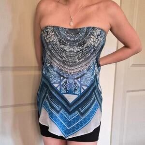 Blue & white sheer boho top with rhinestones
